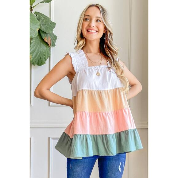 Color Block Ruffle Straps Tank Top Ivory, Tan, Pink, Green - Picture 1 of 7